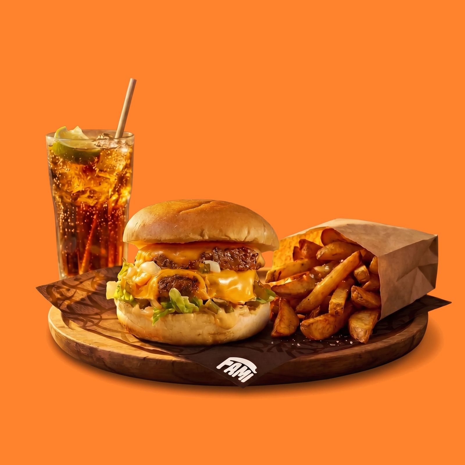Un burger au cheddar fondu, ses frites et une boisson fraîche, sur une planche en bois et le papier FAMI